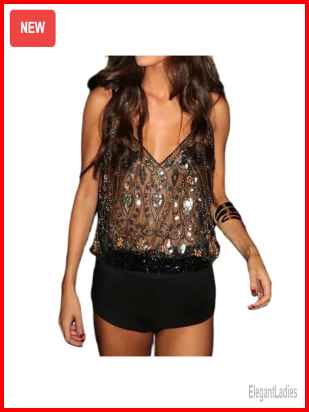 Sequin Sparkly Cami Top Spaghetti Strap Rhinestone Sheer Mesh Tank
